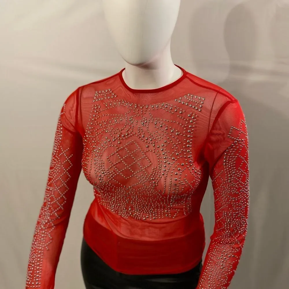 Women's Sheer Studded Red Blouse